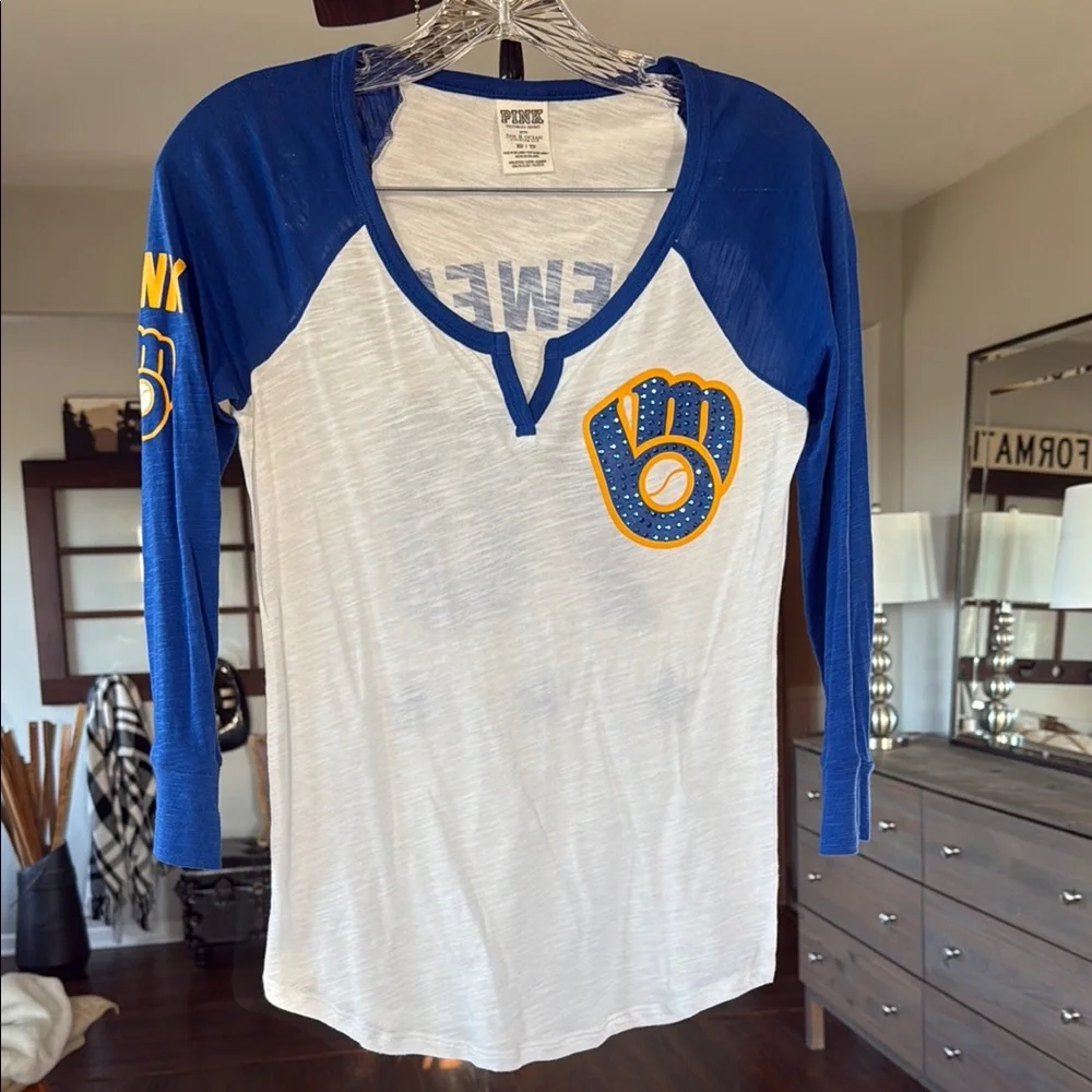 โพ๏ธ PINK Victoriaโs Secret BREWERS Baseball Tee โพ๏ธ - Picture 1 of 7